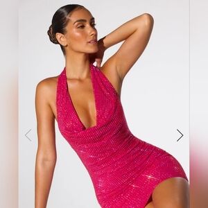 Oh Polly Pink Raquel Beaded Halter Neck Dress